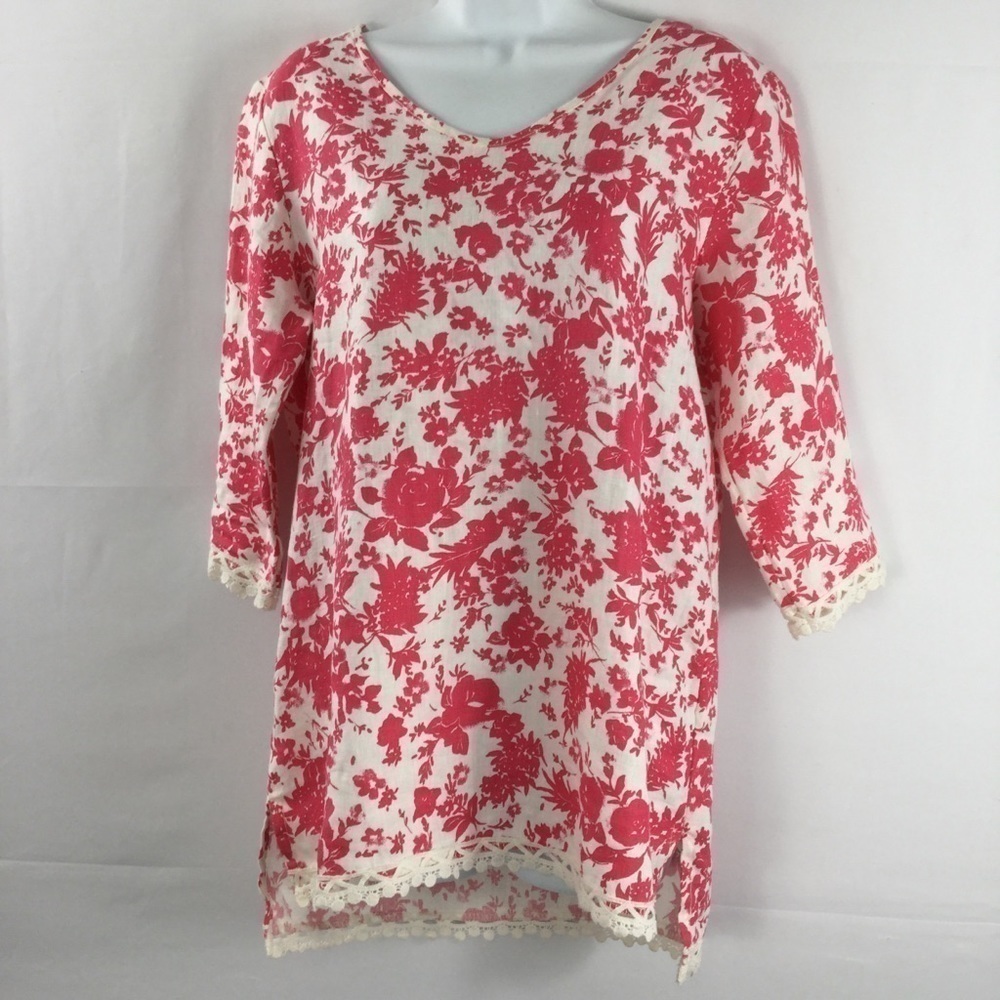 ELENA Baldi Pink And White Floral Print Linen Tunic Top Size M Made In Italy